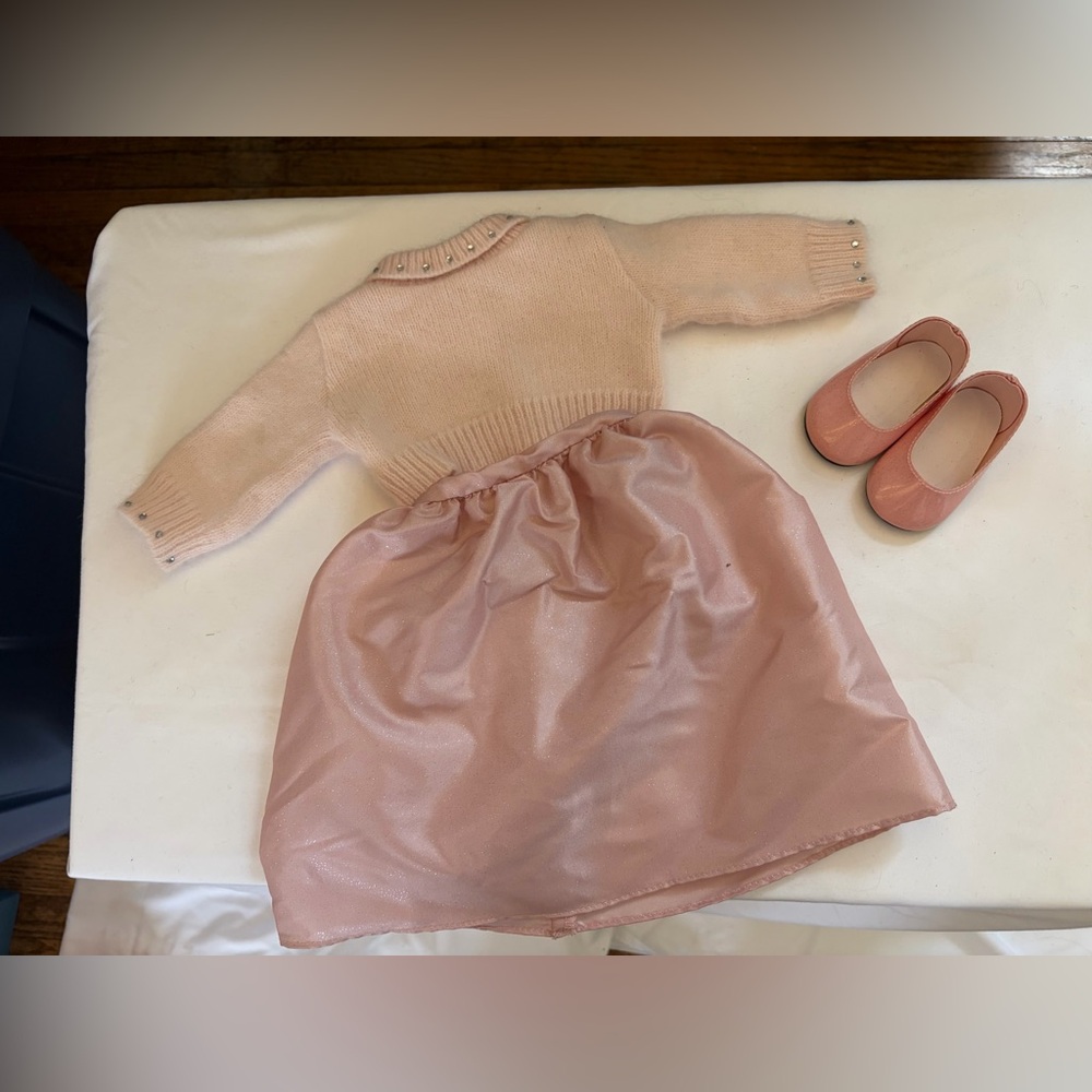American Girl Doll Baby Pink Sweater with Rhinestones & Sparkly Skirt & Shoes